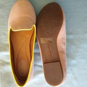 Clarks nubuck tan loafers with neon yellow piping